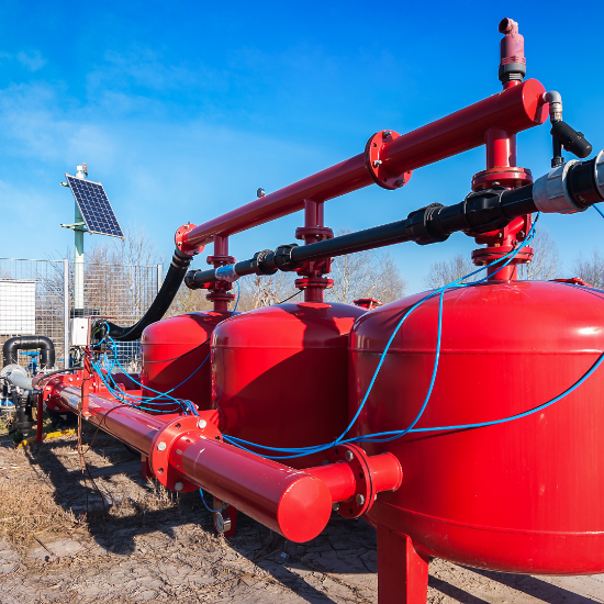 Three large red industrial pressure tanks connected by red and black piping in an outdoor installation, with blue sensor cables and a solar panel powering equipment in the background under a clear blue sky