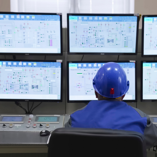 Industrial control room operator wearing a blue hard hat and uniform, seated at a console and monitoring multiple screens displaying system diagrams and process controls.