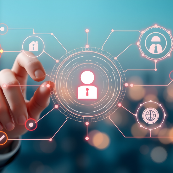 A close-up of a hand reaching toward a glowing digital interface with interconnected icons. At the center is a user symbol with a lock, representing security or identity protection, surrounded by network lines linking to other icons such as a house, a person, and a globe against a blurred blue background.
