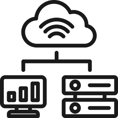 A simple black-and-white icon showing a cloud with a wireless signal inside, connected by lines to a computer monitor displaying a bar chart and a pair of server units, representing cloud computing and data storage.