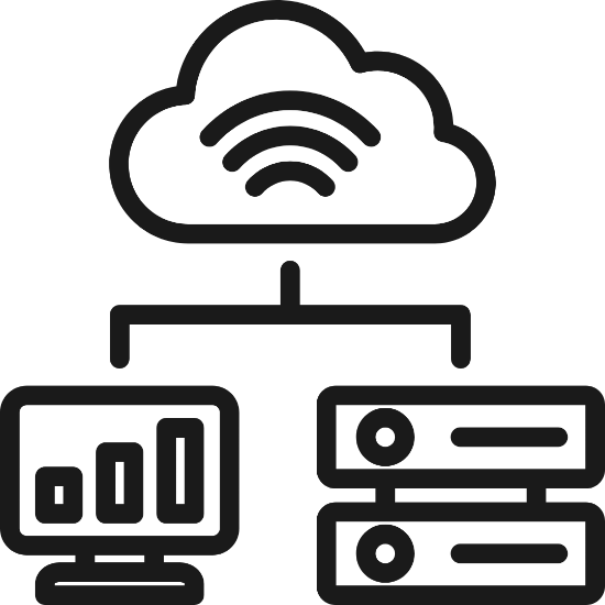 A simple black-and-white icon showing a cloud with a wireless signal inside, connected by lines to a computer monitor displaying a bar chart and a pair of server units, representing cloud computing and data storage.