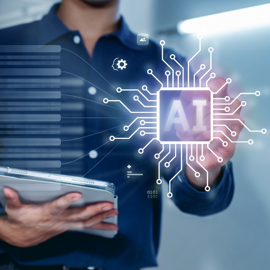 A person holding a tablet taps a virtual interface displaying a glowing “AI” chip icon, with circuit-like lines radiating outward, symbolizing artificial intelligence and digital technology.