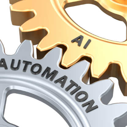 Gold gear in upper right corner engraved "AI" interlocked with silver gear in lower left corner engraved "Automation"