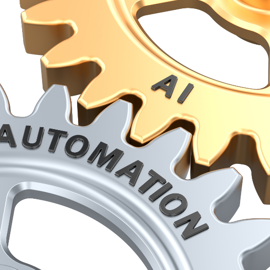 Gold gear in upper right corner engraved "AI" interlocked with silver gear in lower left corner engraved "Automation"